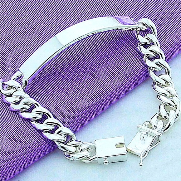 Nameplate ID Tag Sterling Silver Chain Link Curb Cuban Bracelet - Picture 3 of 12